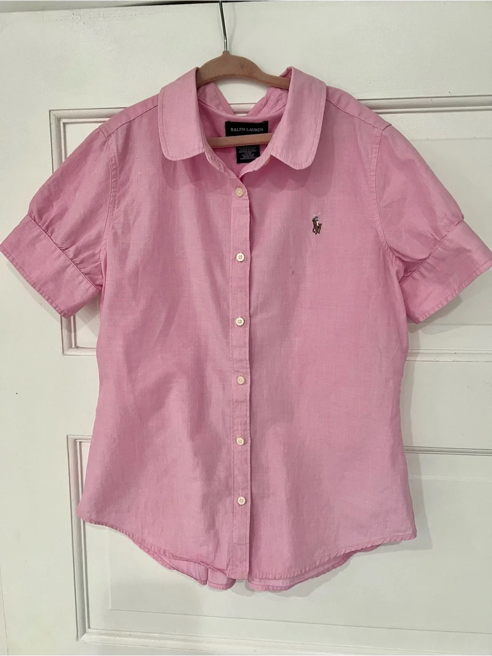 Ralph Lauren Girls Pink Cotton Button Front Blouse Size 12 Pleated Back